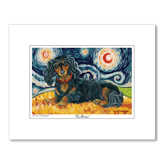 Dachshund Longhair Black and Tan Starry Night Matted Print
