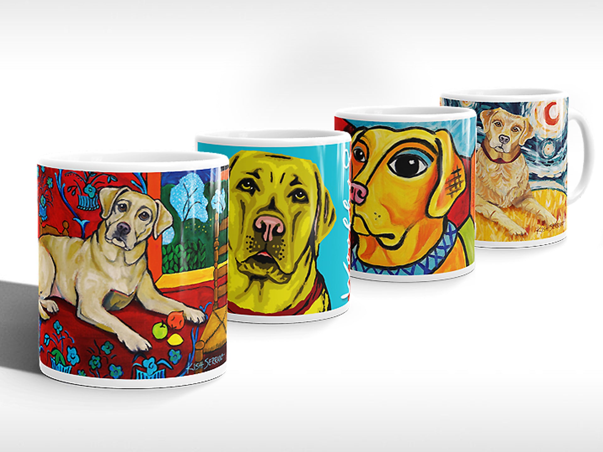 Yellow labrador dog art collection in coffee mugs inspired by Matisse, Warhol, Picasso and Van Gogh..
