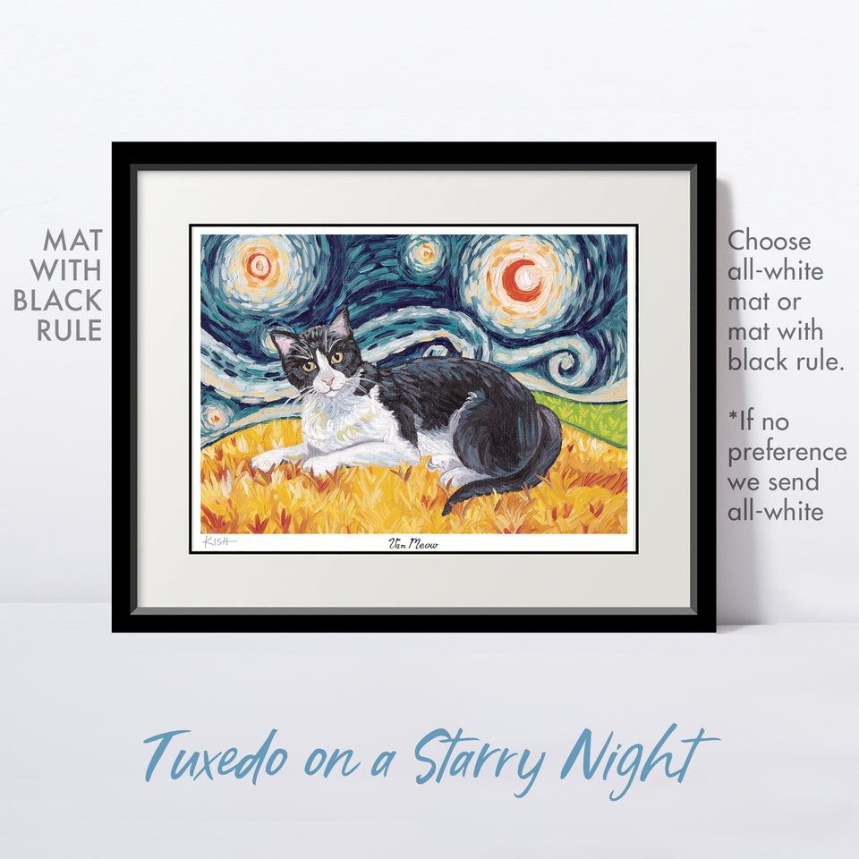 Cat Art Print, Tuxedo Cat, Matted Print, Van Gogh Inspired VAN MEOW