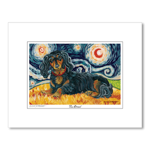 Dachshund Longhair Black and Tan Starry Night Matted Print