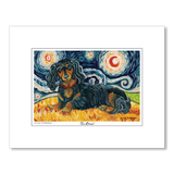 Dachshund Longhair Black and Tan Starry Night Matted Print