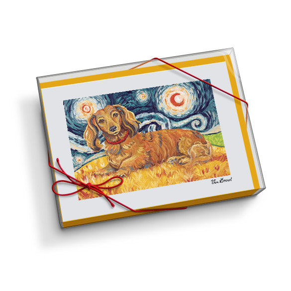 Dachshund Longhair Red Starry Night Notecard Set