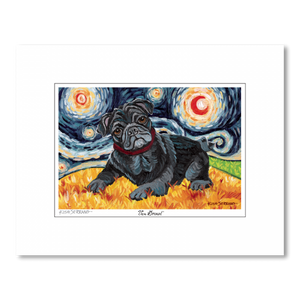 Pug Black Starry Night Matted Print