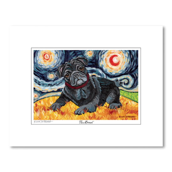 Pug Black Starry Night Matted Print