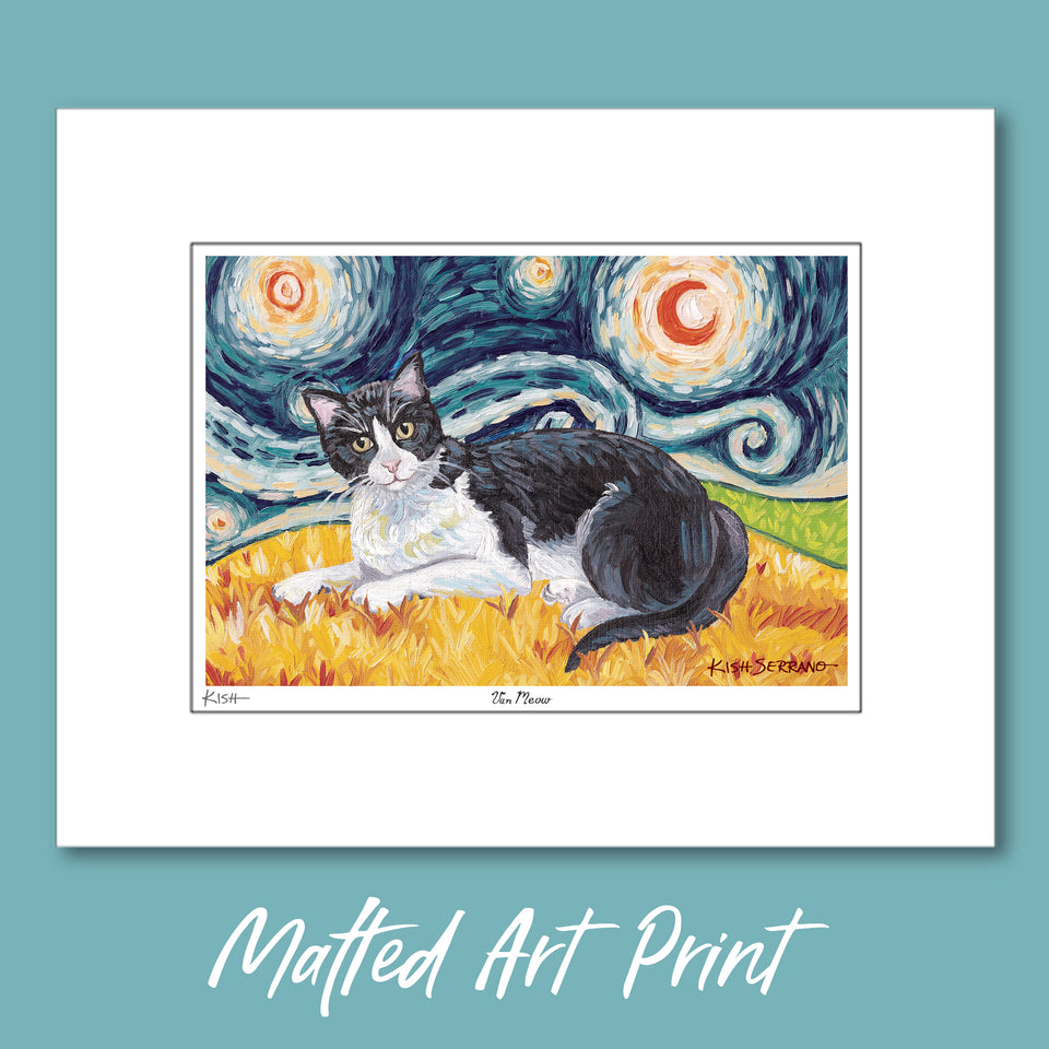 Cat Art Print, Tuxedo Cat, Matted Print, Van Gogh Inspired VAN MEOW