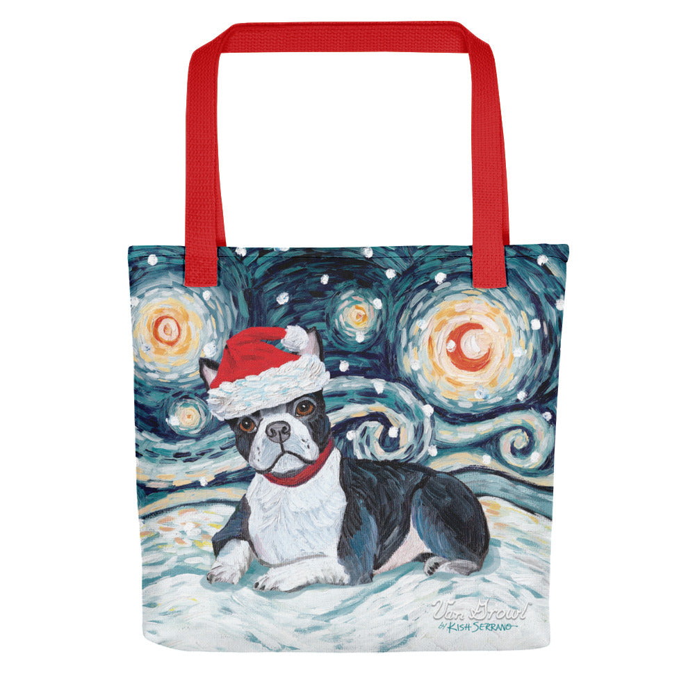 Boston Terrier Snowy Night Tote Bag