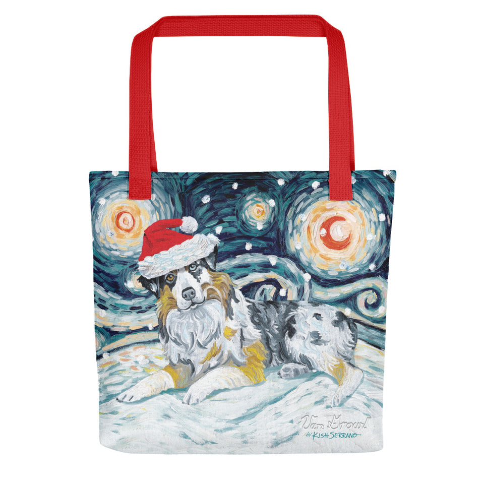 Australian Shepherd Snowy Night Tote Bag