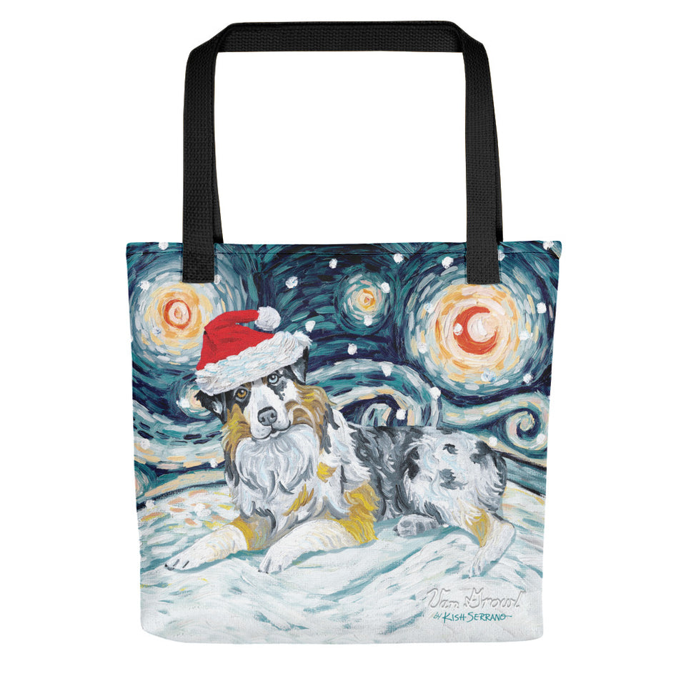 Australian Shepherd Snowy Night Tote Bag