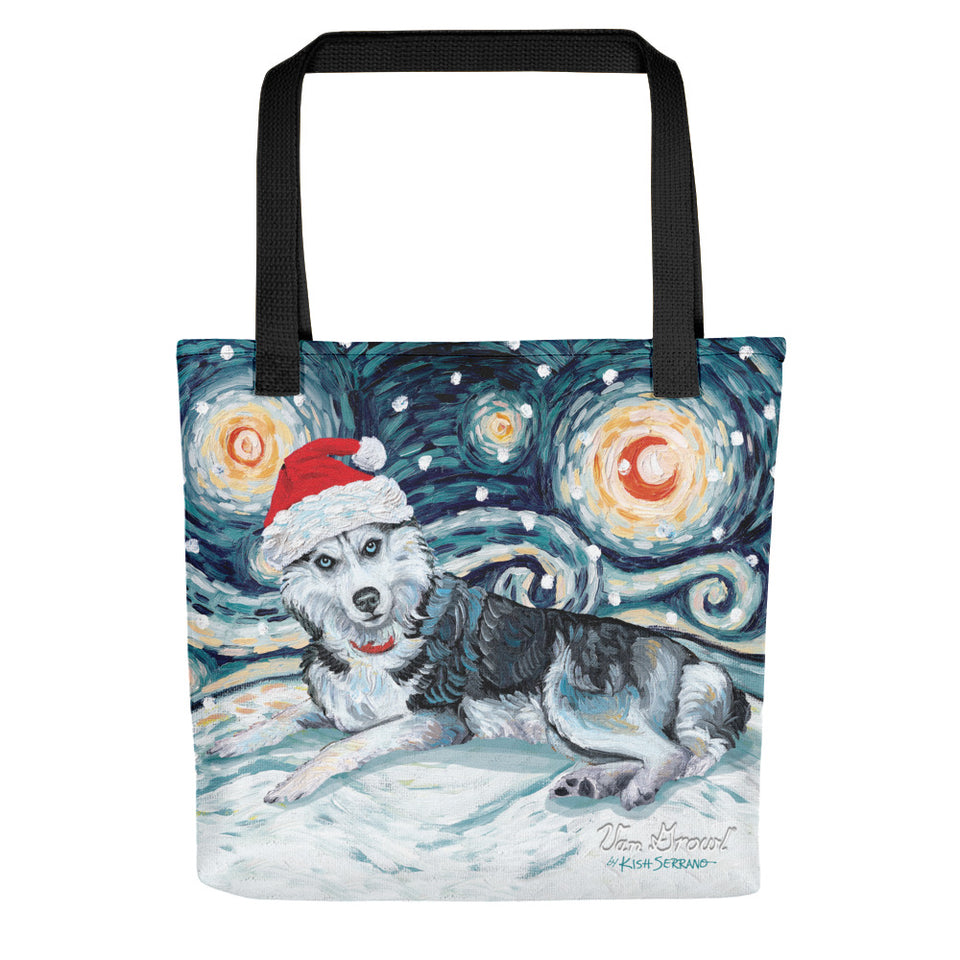 Siberian Husky Snowy Night Tote bag