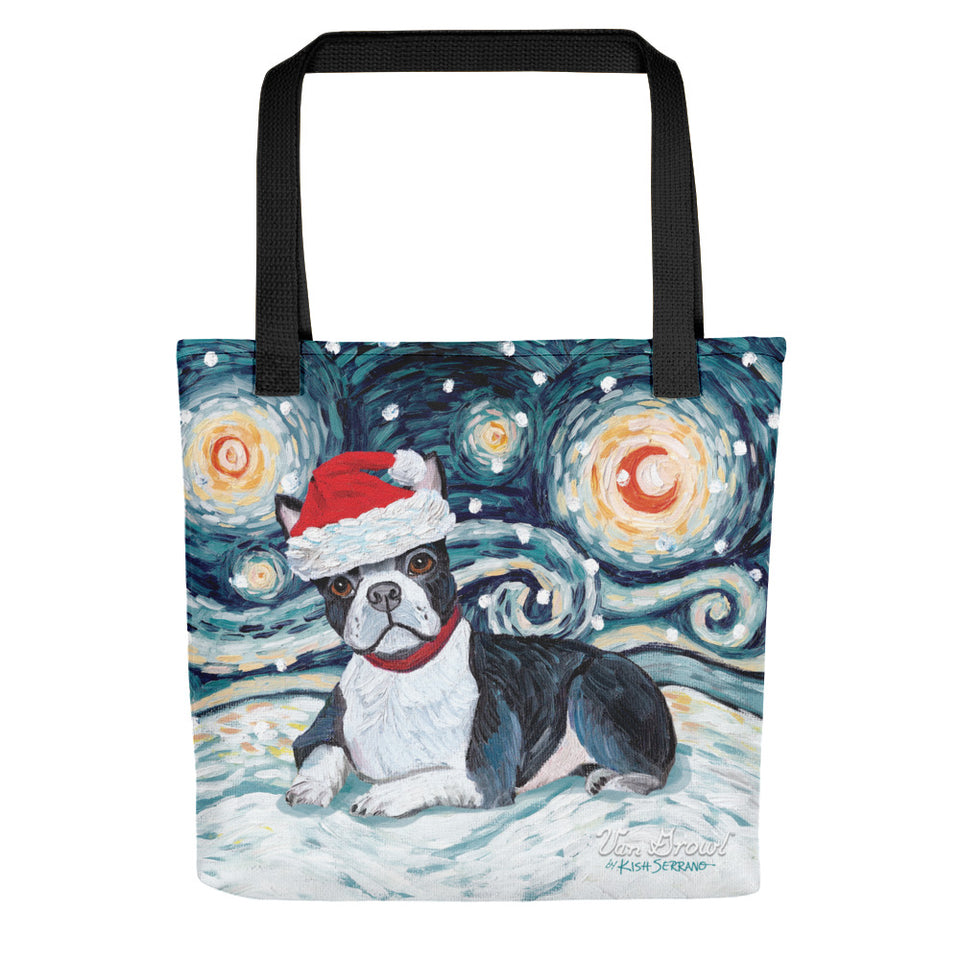 Boston Terrier Snowy Night Tote Bag